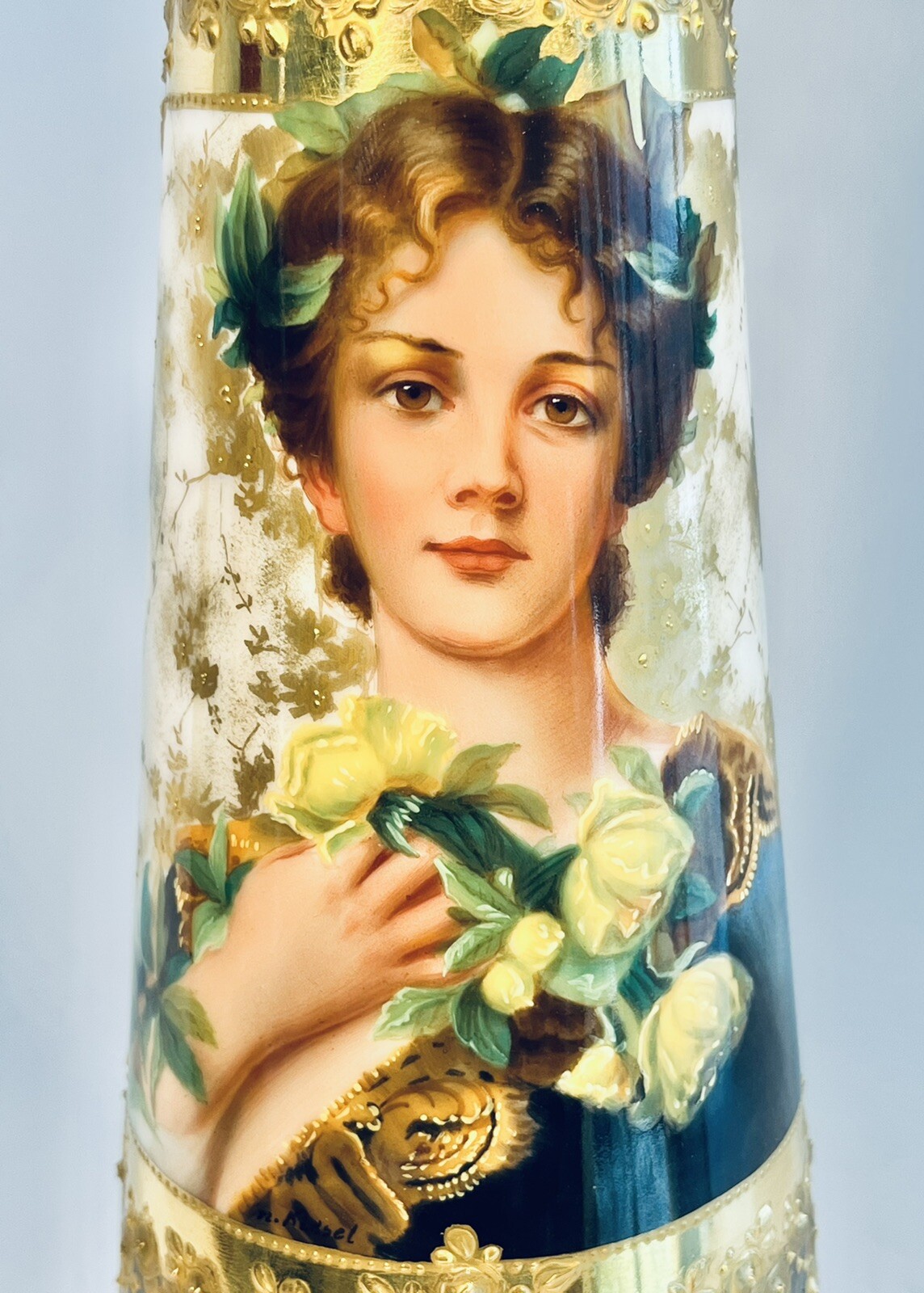 Antique 19th Century Vienna/Dresden Raised Gilt Portrait Porcelain Vase