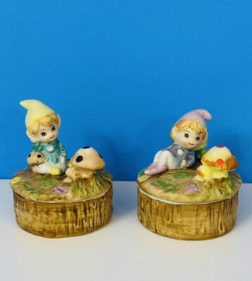 Vtg Homco Bisque Pixie Elf Stump w Mushrooms Trinket Box Dish Set of 2 #5404