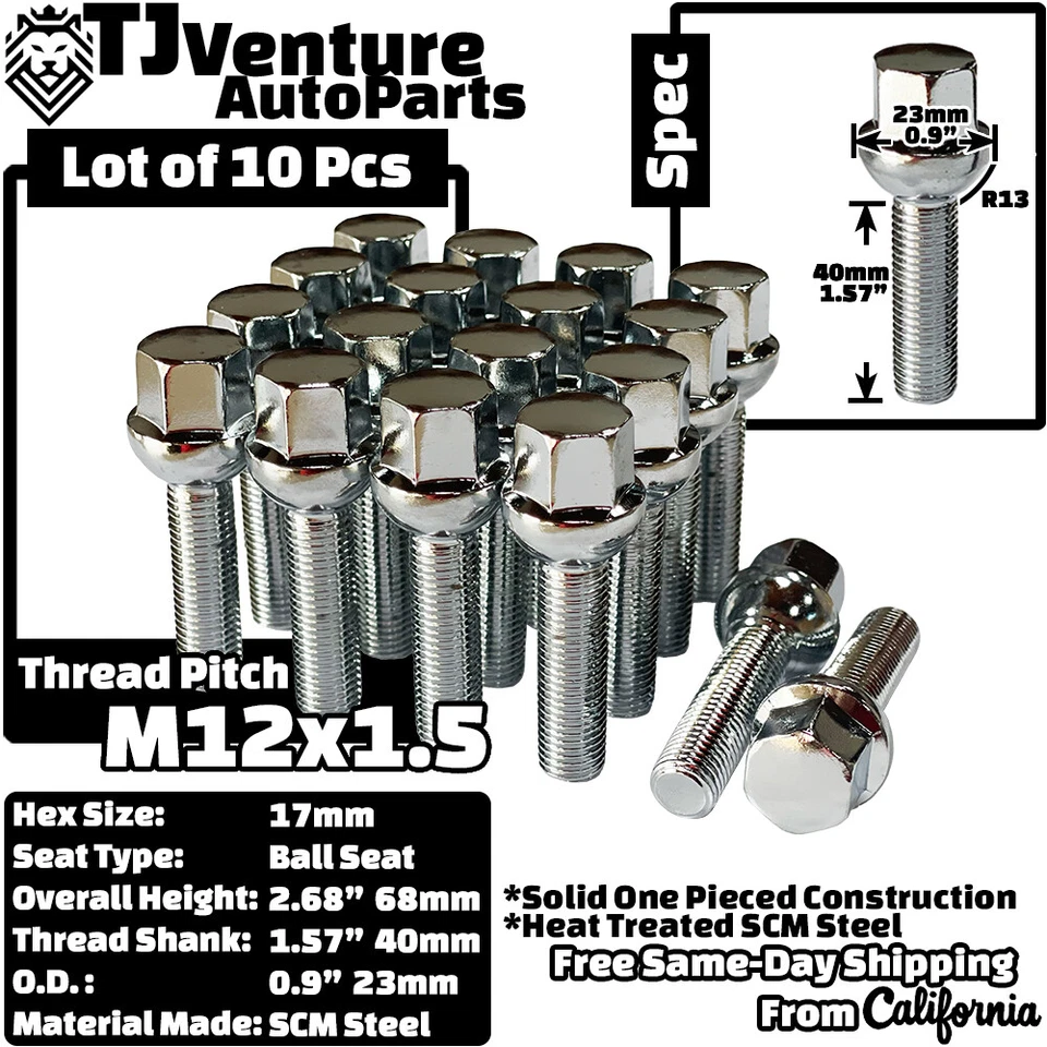 Tornillos de tuerca de rueda de asiento de bola cromados 12x1,5 10 piezas vástago de 40 mm para rueda de stock Mercedes Foto 2 de 4