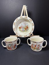 Vintage Royal Doulton Bunnykins Bone China 2x 2 Handle Cup/ 1 Bowl 