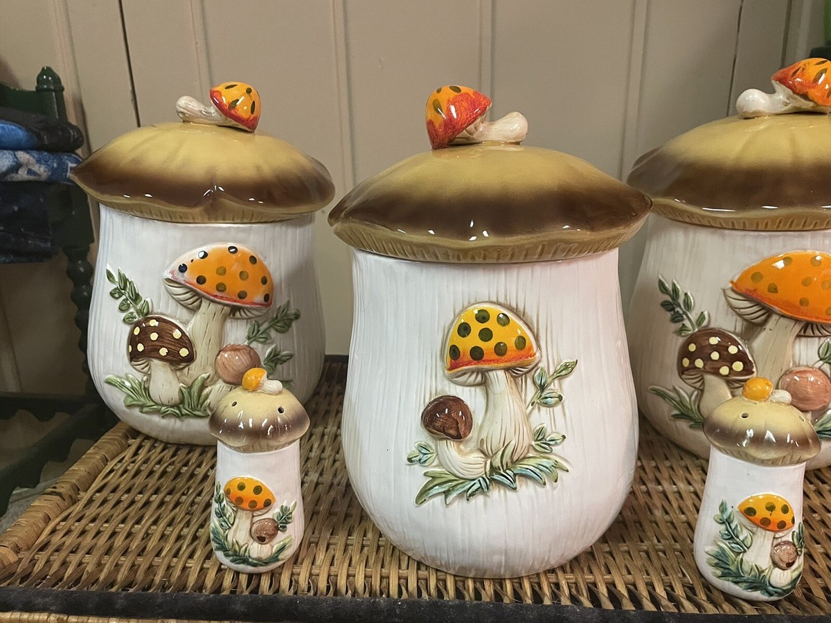 10 Piece Merry Mushroom Ceramic Canister Set Vintage 1978 Sears