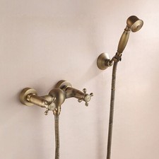 Bathroom Shower Faucet with Hand Spray Antique Brass Bathtub Water Mixer Cross