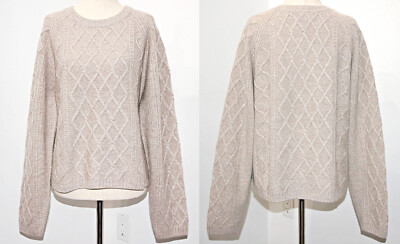 Tahari 100% 2Ply Cashmere Cable Knit Crew-Neck Sweater in Greyish Beige sz  XL