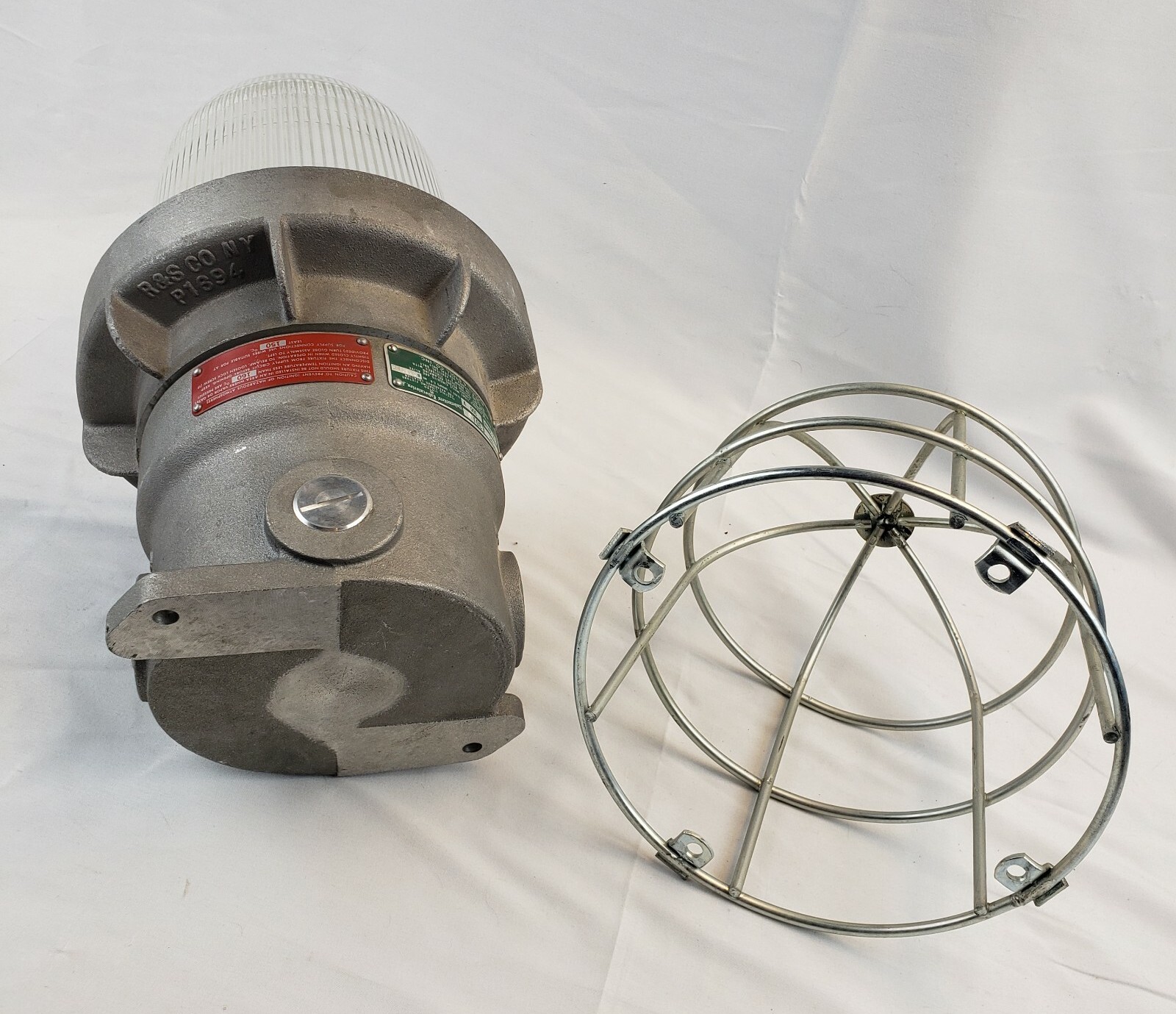 Vintage Industrial Russell & Stoll Explosion Proof Caged Light Fixture Maritime