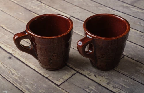 Vintage MARCREST STONEWARE Daisy Dot Brown Glaze Coffee Mugs Tea Cups - Set of 2