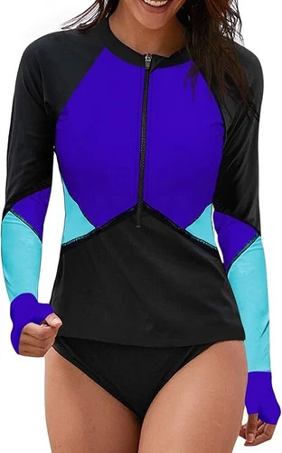 NWT Aleumdr Women's Zipper Colorblock Rash Guard Athletic Shirt, Blue Multi, XL