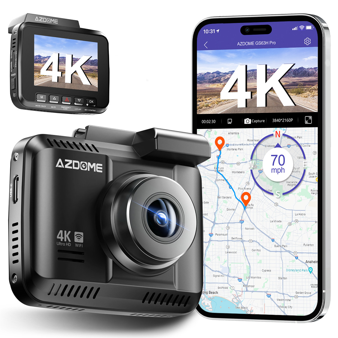AZDOME 4K Ultra HD 2160P WiFi Dash Cam Car DVR Camera GPS IR G