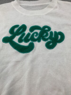 Embroidered Teddy Bear 'Lucky'' Sweater Women Sz M White Soft Pretty Cute Nice