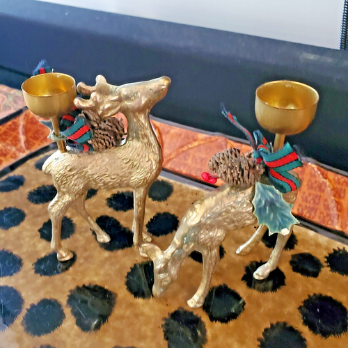 VTG Solid Brass Deer Reindeer Christmas Holiday Candlesticks Set of 2 NEW in Box - Picture 24 of 24