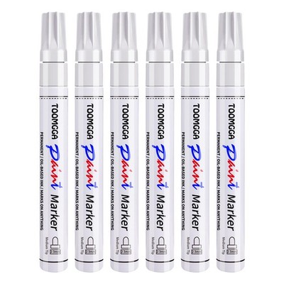 White Paint Pens Permanent Paint Markers - 6 Pack Oil Based Marking Pens, Med...