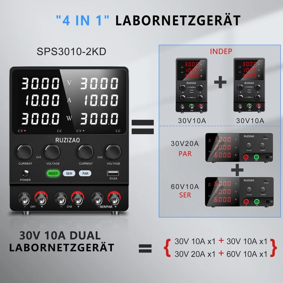 Dual Labornetzteil 30V 10A Seriell Parallel Einstellbares Labornetzgerät 60V ... - Bild 4 von 4