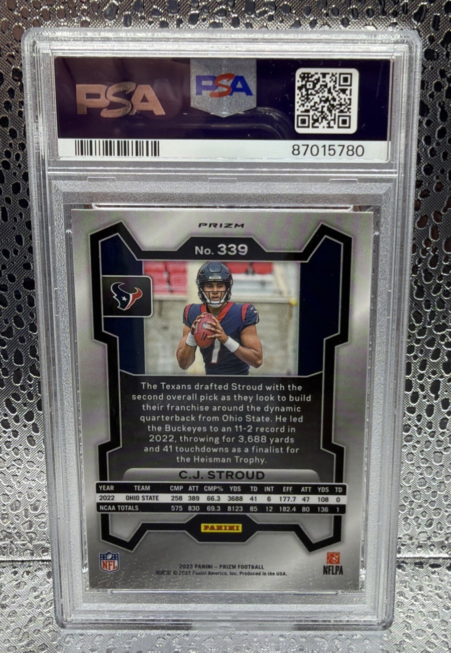 2023 Prizm CJ Stroud Lazer Prizm RC #339 PSA 10 GEM MT "Texans" view 2