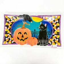 Peggy Karr Fused Art Glass Halloween Black Cat Crow Pumpkin Rectangular Plate