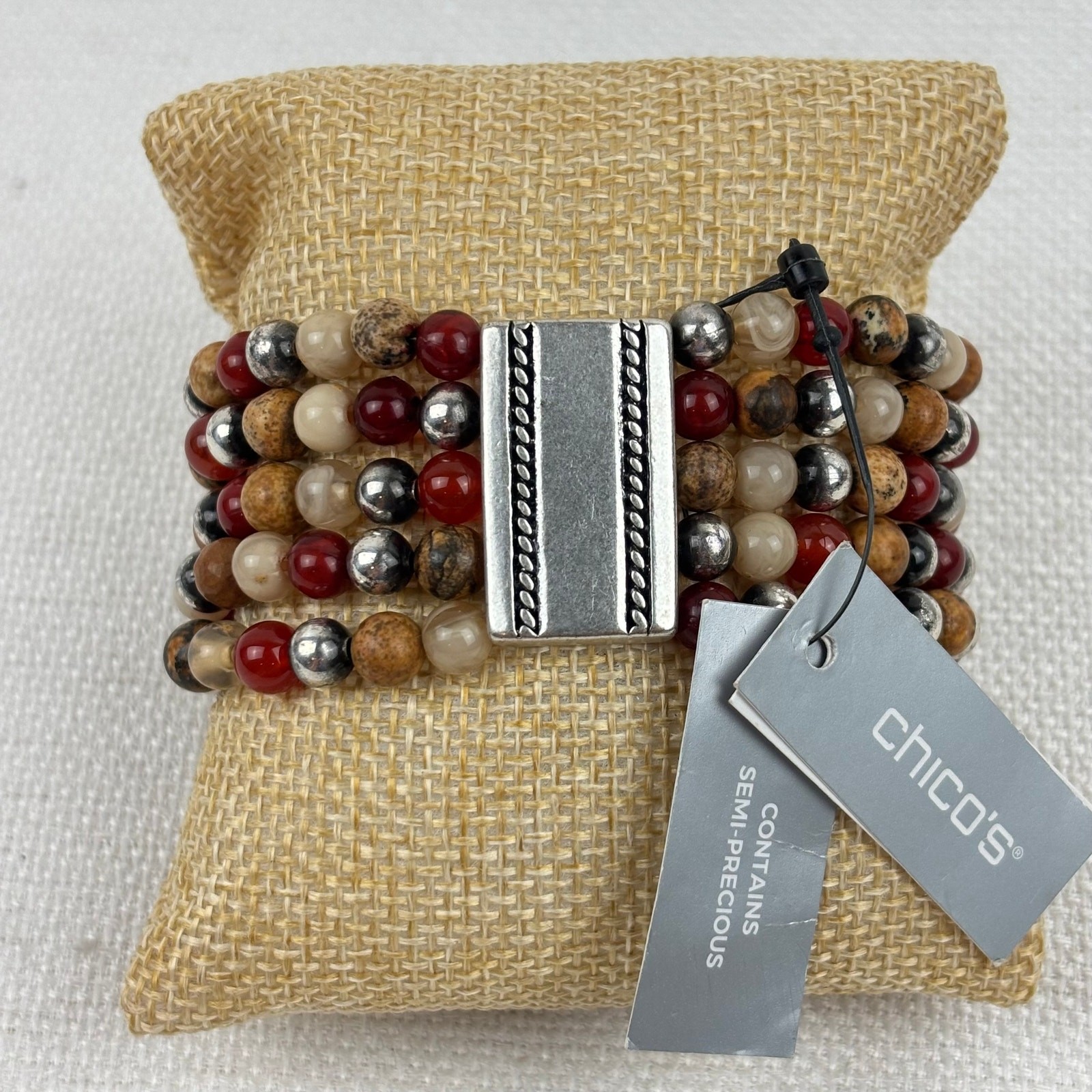 Chico’s NWT Semi Precious Stone Brown Red 5 Strand Stretchy Bracelet