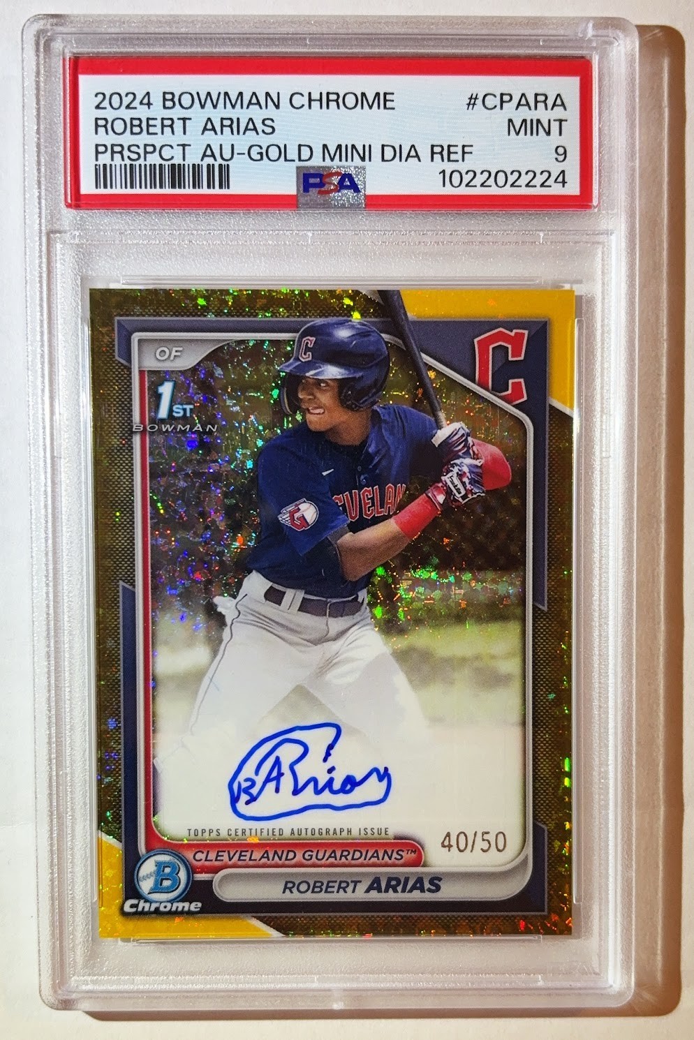 2024 Bowman Chrome Robert Arias 1st Prospect Gold Mini Diamond Auto /50 PSA 9