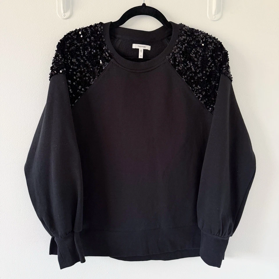 Maurices Women Sz Small Black Sequin Shoulder Pullover Sweatshirt W/ Side Spilt - Image 2 of 4