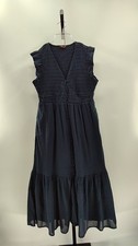 Quince Organic Textured Cotton Smocked V-Neck Midi Dress Navy Basic Sleeved M