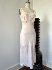 1940s Pink Bias Cut Rayon Slip Dress Floral Embroidery Lace Trim Satin Bow XS