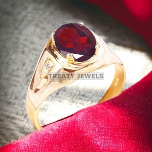 Authentic Garnet Oval Cut With 925 Sterling Silver Gold Plated Ring For Men's #A370