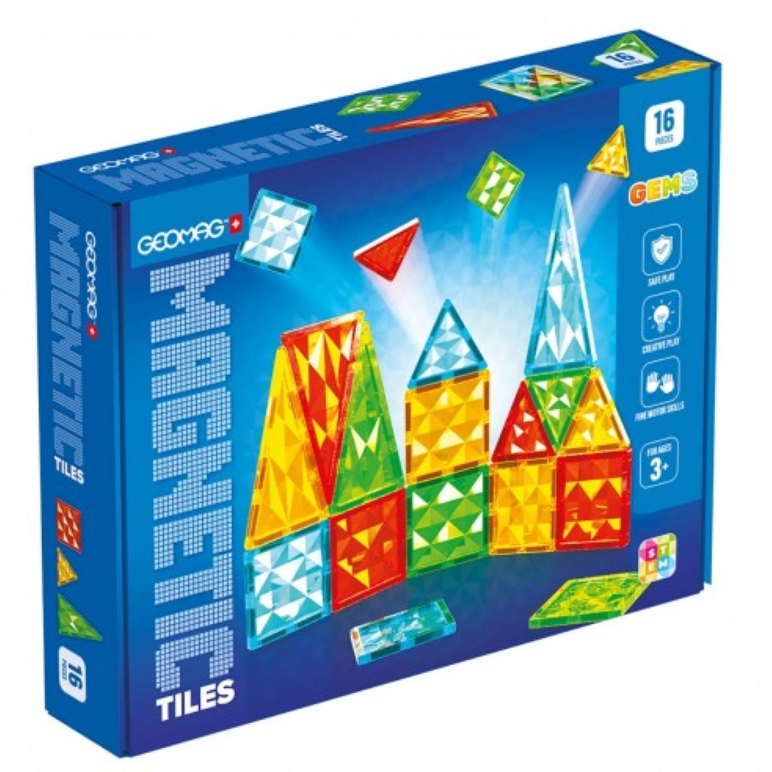 Geomag Magnetic Tiles Gems 16pcs Childrens Construction STEM Pretend Play Toy