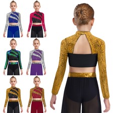 US Kids Girls Sparkly Rhinestone Cheerleading Dance Crop Tops T-Shirt Dancewear