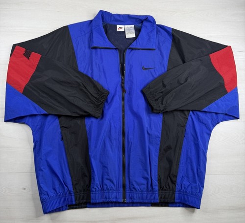 Vtg Nike Windbreaker Jacket Black Blue Red Full Zip Nylon Colorblock 90s XL MINT