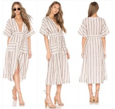 Free People Monday Striped Linen Blend Midi Dress Plunge Neck Belted Boho XS