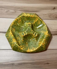 Large Glazed Ceramic Ashtray 70’s Avocado Green Speckled Abstract Trinket Tray