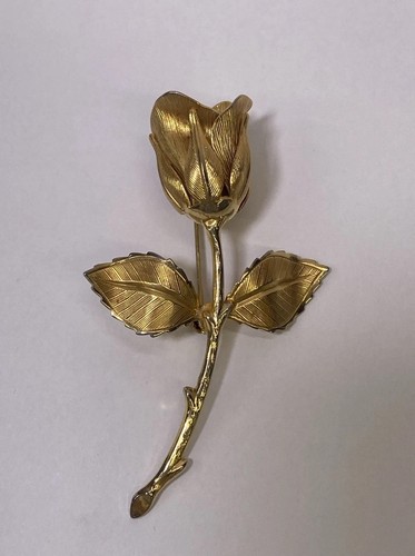 Rose Long Stem Flower Gold Tone Brooch Pin Vintage Unsigned