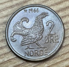 1966 2 Ore, Norway, Olav V (Bronze, 4.0 g, 21 mm), About VF+
