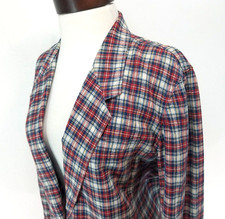 Vtg 90s LIZSPORT Petite Blazer Red Blue Linen Blend Plaid Boyfriend Women's PS