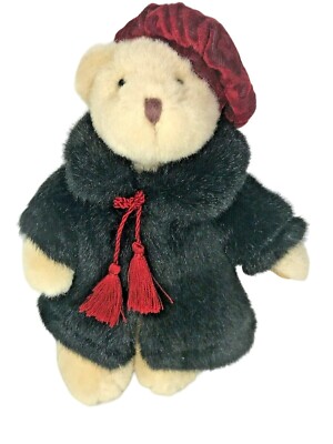 Russ Collectible Stuffed Teddy Bear Sasha Faux Fur Black Coat & Red Beret Hat 8''