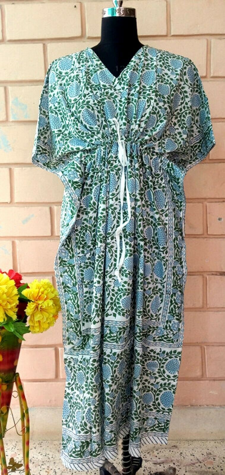Hand Block Print Kaftan Green Beach Wear Gown Ethnic Cotton Caftan Maxi Dress