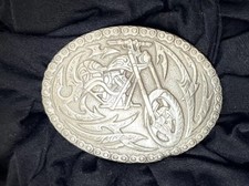 Vtg Crumrine Western Biker Motorcycle Belt Buckle Silver Metal Oval Shape 38022