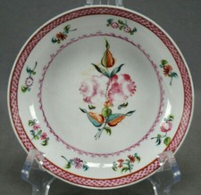 New Hall Pattern 686 Hand Painted Pink Red & Purple Floral Saucer C.1790-1805