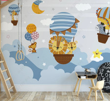 3D Gray Hot Air Balloon Animal Self-adhesive Removeable Wallpaper Wall Mural