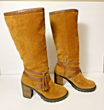 Hush Puppies Women Camel Brown Suede Leather  Knee  High Block Heel Boots   7.5