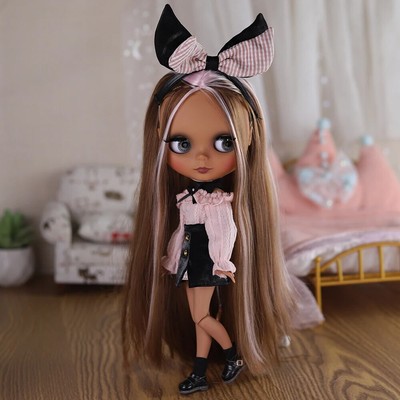 12'' Blyth Doll Nude Joint Body Dark Skin Long Hair Matte Face 4 Eye Colors Toys