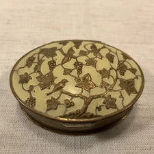 Vintage Volupte Compact Pill Box Vanity USA Metal Gold Tone Grapes Birds Powder