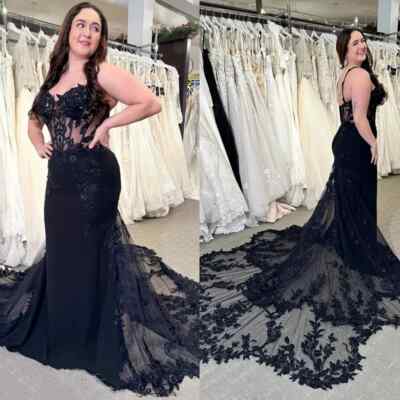Gothic Mermaid Wedding Dresses Spaghetti Straps Black Lace Applique Bridal Gowns