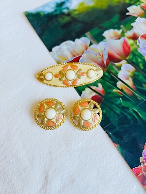 Trifari Vintage 1980 Barock Orange Grau Emaille Blume Weiß Perle Durchbrochen, Set