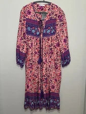 R. Vivimos Dress Pink Purple Long Sleeve Boho Floral Midi Tassel Tie Sm 4/6 NWT