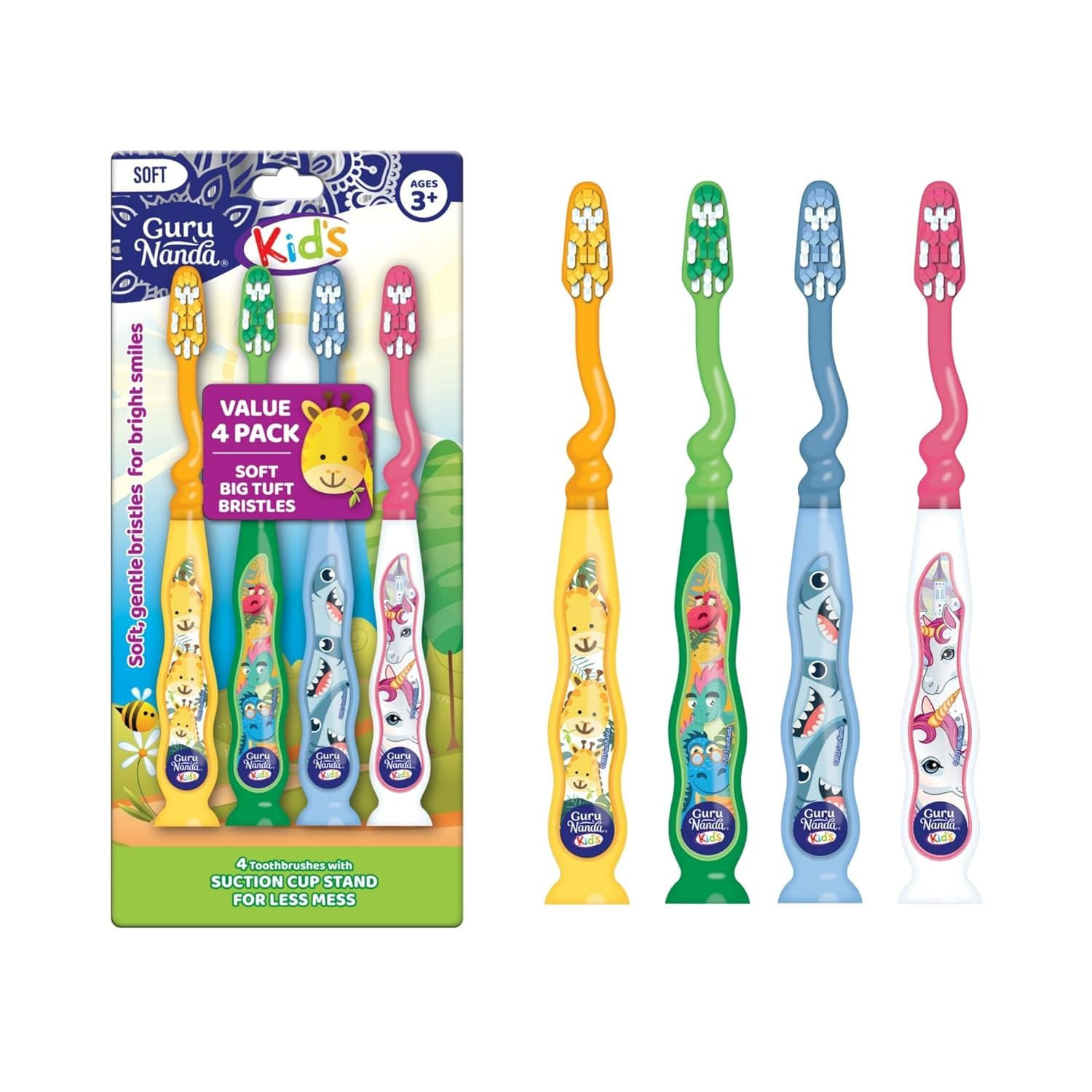 Kids Toothbrush with Suction Cup & Fun Animal Designs - Soft Bristles for Health