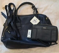 New Fossil Women Jori Leather Large Satchel Purse WALLET Bag Midnight NAVY NWT