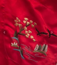 Vtg Dunhuang Red Silk Embroidered Kimono Robe Dressing Gown M Floral/Crane RARE