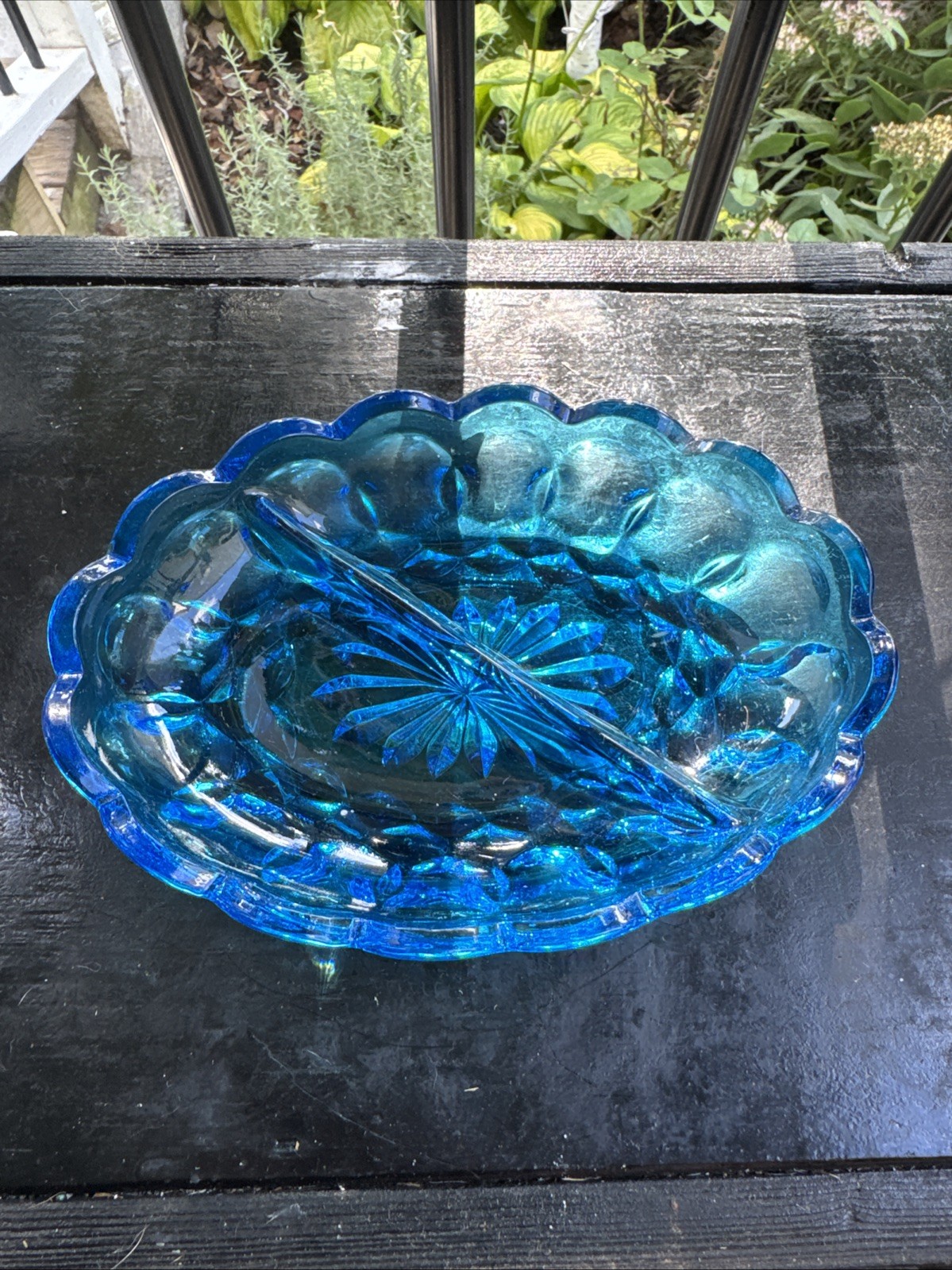 VTG Anchor Hocking Glass Oval Fairfield Blue Divided Dish 7