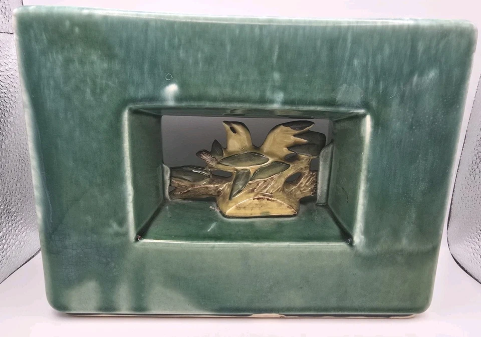 Par de sujetalibros jardinera de pájaros amarillos con arcatura McCoy 1951 cerámica MCM Foto 4 de 4