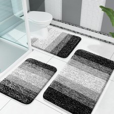 Microfiber Bath Rug Set 3 Piece Black Soft Plush Shaggy Non Slip Toilet Mat 30x2