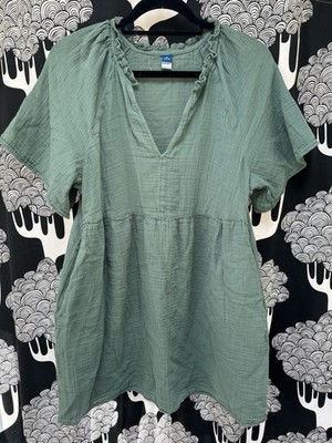 OLD NAVY Moss Green Split-Neck Crinkle Gauze Mini Swing Dress Size Petite  Med