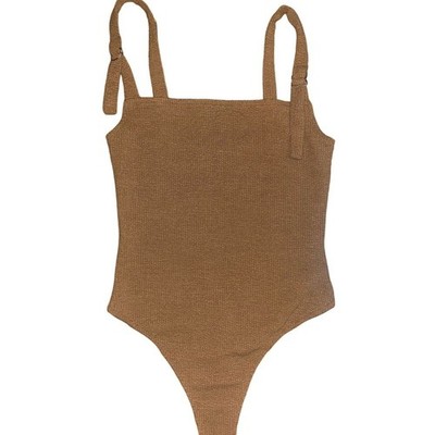 Stella Laguna Beach Women s Tan One-Piece Thong Swim Square Neck Bodysuit SZ S